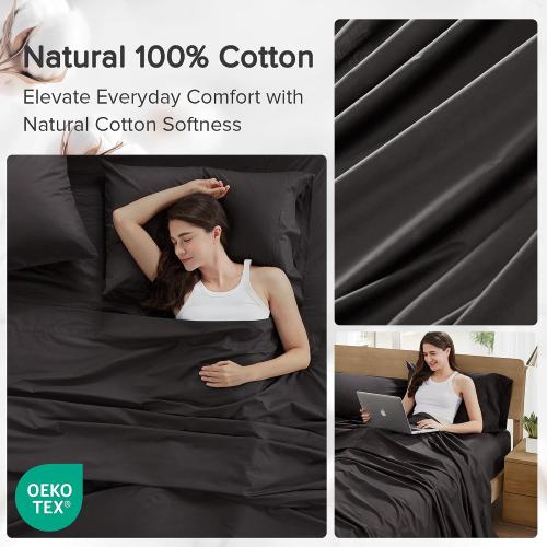 Comfort Spaces 100% Cotton Sheets King, Breathable & Ultra Soft Cotton Sheets, Naturally Cool Cotton Bed Sheets with 14 Elastic Pocket Fits up to 16 Mattress, All Season Sheet Set, Black 4 Piece