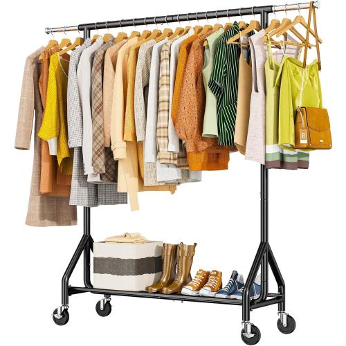 Black Heavy Duty Clothes Rack Load 450 LBS, Metal Garment Rack, Standing Rolling Clothing Rack for Hanging Clothes with Sturdy Wheels & Shelves, Portable Closet Wardrobe Rack,Black