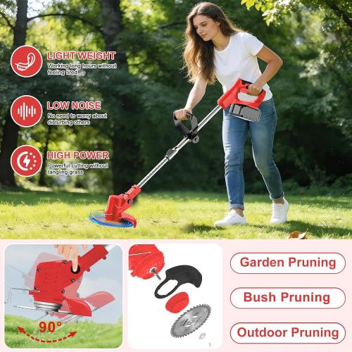 21V Electric Weed Wacker Cordless Weed Wacker Eater Lightweight Grass Trimmer with 4 Types Blade & Fast Charger & 2x2000mAh Batteries Brush Cutter for Garden Lawn Yard Red