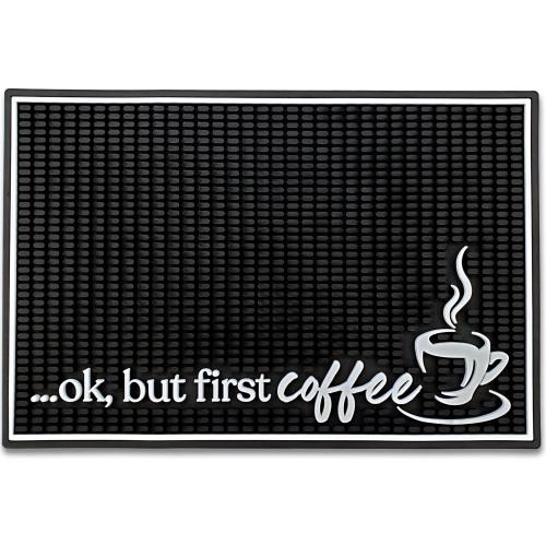 New Mungo Coffee Bar Mat – “Ok But First Coffee” – Spill-Proof PVC Coffee Station Mat, Non-Slip Countertop Protector 18x12