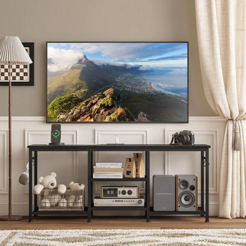 YGEOMER TV Stand for 55 Inch TV, Entertainment Center with Power Outlet and Open Storage Shelves, TV Console Table for Living Room and Bedroom, Black