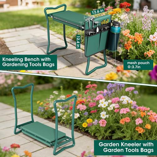 2-in-1 Garden Kneeler with Umbrella, Garden Kneeling Bench & Green Umbrella, Portable Garden Stool Loads Capacity 330lb and Garden Tools Bag with bottle holder, Gardening Gifts for Women,Men,Seniors