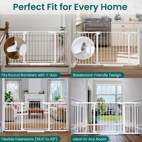 Cumbor Extra Wide Baby Gate, 36.6-69 Walk-Through Dog Gate for Stairs, Doorways & Hallways, 30.5“ Tall, Auto-Close & Dual-Swing Safety Child Gate Indoor, Easy Install Pressure-Mounted Pet Gate, White