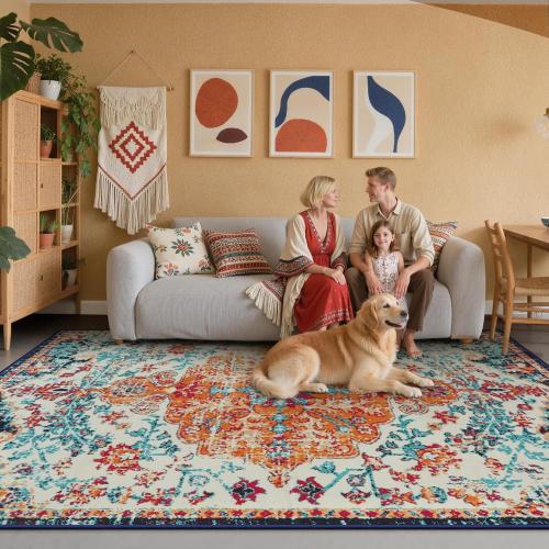 Lahome Area Rugs 9x12 Living Room Rug,Large Boho 9 x 12 Area Rugs for Living Room Washable Bedroom Rug,Boho Vintage Soft Non-Slip Printed Indoor Carpet for Dining Room Home Office(9x12ft,Orange)