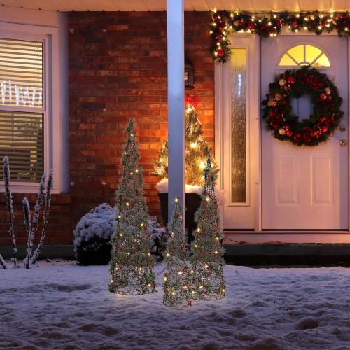 Glitzhome Set of 3 Lighted Christmas Cone Trees, Xmas Decorative Conic Tree Set with 75 Warm White LED Lights, Indoor & Outdoor Lighted Decorations for Lawn Yard Garden Party