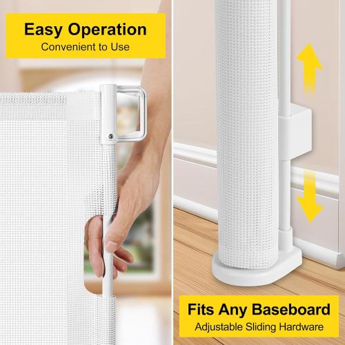 Reinforced 42” Extra Tall Retractable Dog Gate for Doorways 60” Wide Mesh Baby Gate, Tall Baby Gates for Stairs with Rods to Prevent Crawling Through Retractable Pet Gate Indoor Outdoor, White