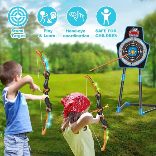 SpringFlower 2 Bow and Arrow Sets with LED Light-up,2 Foam Dart Guns for Kids 5 6 7 8 9 10  Years Old, Archery Set with Standing Target for Boys & Girl, Ideal Gift