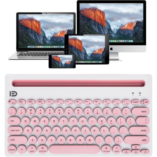 Wireless Keyboard Bluetooth Multi-Device Portable with Integrated Stand Phone Holder - Works with PC, Android and iOS Tablets and Smartphones, Pink