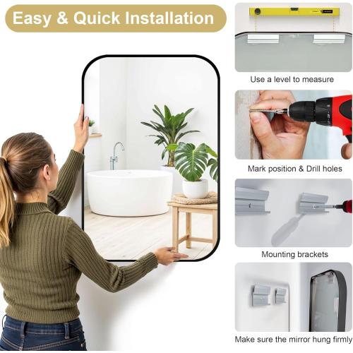 16x24 inch Black Rectangle Mirror, Brushed Metal Framed Vanity Mirror for Bathroom,Living Room,Bedroom,Entryway,Hallway,Wall Mounted Vertical or Horizontal