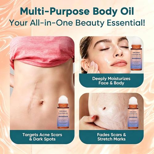 Organic Castor Oil with Rose Quartz Roller, 100% Pure Cold-Pressed, Organic Castor Oil Roll On Rose Quartz, Hexane-Free,Amber Glass Bottle for Skin 1.7oz (1 PCS)
