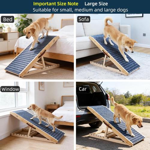 ZJSF Foldable Wooden Dog Ramp for High Bed, Dog Stairs for Small Dogs, High Traction Platform with 6 Adjustable Heights (14-28), 48 L, Supports up to 200 lbs