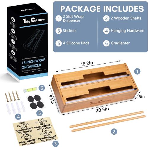 18 Inch Large Foil Wrap Dispenser with Cutter, 2 in 1 Aluminum Butcher Parchment Paper Freezer Tin Wax Cling Foil Plastic Wrap Organizer for Kitchen Drawer Bamboo Saran Storage Roll Holder
