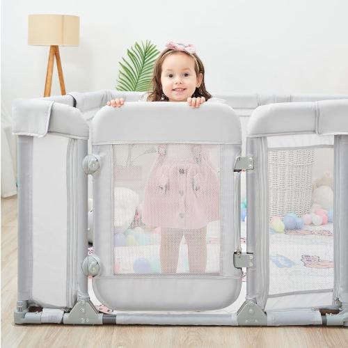 Sweeby Foldable Baby Playpen, Baby Gate Playpens for Babies and Toddlers 79x71 Extra Large Play Yard with Door Fence with Mat and Indoor Play Pen,Light Grey