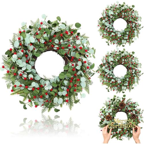 Zeyune 4 Pcs Christmas DIY Green Wreath 14 Inch Artificial Christmas Wreaths Faux Plain Wreaths for Decorating Front Door Window Room Farmhouse Xmas Party Indoor Outdoor (Chic Style)