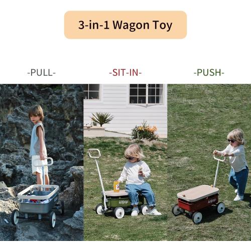 kidpop PULA-Wild 3-in-1 Kids' Pull-Along Wagon Toddlers Push Walker for 2.5-8, Removable Wooden Cover and Adjustable Handlebar, Birthday Gifts Max Weight 33 lbs (White)