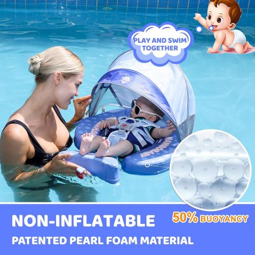 Blue Shark Mambobaby Baby Pool Float with Canopy & Tail Baby Swim Float Non-Inflatable Solid Baby Float Soft Waterproof Skin-Friendly Material Infant Swim Float for 3-24 Months Baby Boys Girls(Shark)