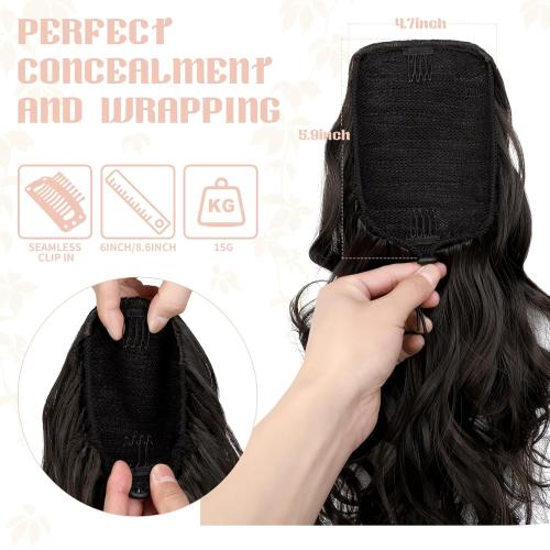 FELENDY Ponytail Extension, 15 Drawstring Ponytail Hair Extensions Wavy Curly Clip in Pony Tails Cute Hairpiece for Daily Use Synthetic Dark Brown