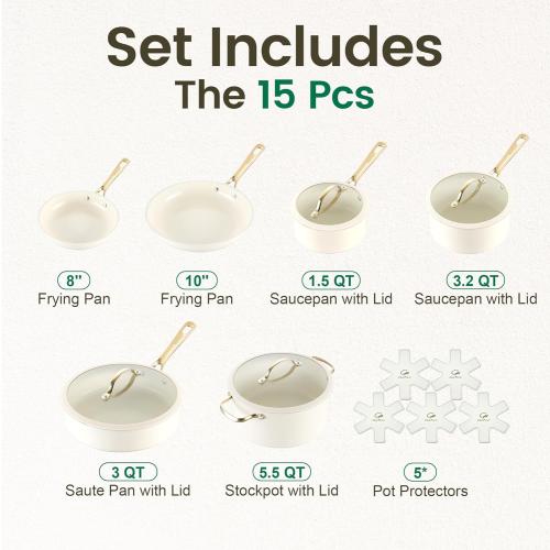 Chef Power Ceramic Cookware Sets, 15Pcs Pots and Pans Set Non Stick, Cookware Set with Stainless Steel Handle, Dishwasher & Oven Safe, Cream White and Light Gold Handle