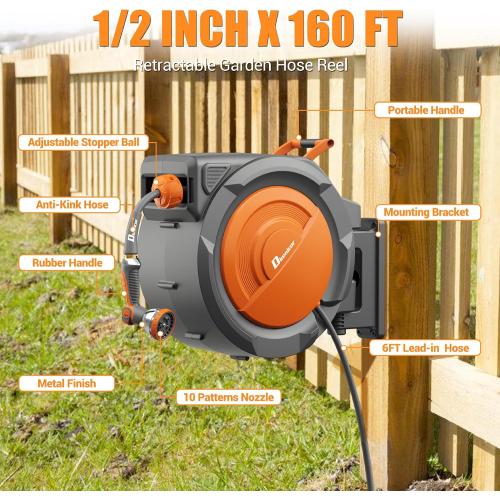 1/2 x 160 ft Retractable Hose Reel, Heavy Duty Retractable Garden Hose Reel Wall Mounted with 10-Pattern Hose Nozzle/Any Length Lock/Slow Return System/180°Swivel Bracket,Orange