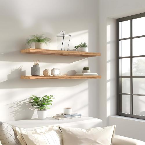 PHPH 36 Inch Wood Floating Shelves for Wall, Wooden Wall Shelves for Bedroom, Set of 4 Light Brown