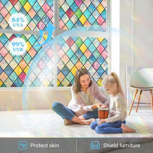 Haton Stained Glass Window Film, Rainbow Window Privacy Film, Decorative for Home Door 17.5 x 78.7