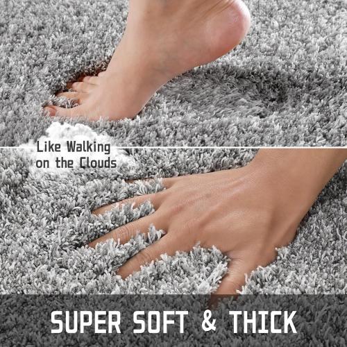 Yimobra Fluffy Toilet Rugs U Shaped, Shaggy Soft Comfortable Non Slip, Water Absorbent Microfiber Bath Mat, Dries Quickly, Machine Washable Thick Bathroom Floor Rugs, 24x 20, Light Gray and White