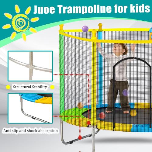 Juoe 55 Trampoline for Kids with Enclosure,Up to 440 Ibs Toddler Mini Trampoline with Net and Basketball Hoop,Indoor/Outdoor Toddler Trampoline for Kids,Gifts for Boys & Girls