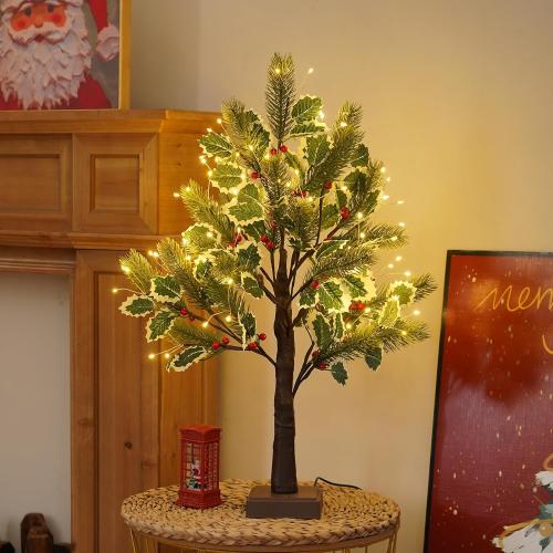 2 FT Christmas Tree with 72 LED Lights, Christmas Decorations Indoor, Fairy Light Spirit Tree for Home Decor, Lighted Birch Trees with Pine Needles, USB and 3AA Battery and Timer（Warm White）