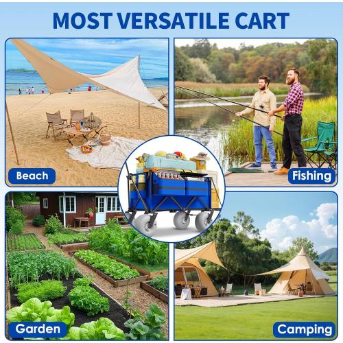 Beach Wagon with Big Wheels for Sand - 450lbs Load Heavy Duty Wagons Carts Foldable with 9 All Terrain Inflatable Tires, Collapsible Beach Cart for Grocery Shopping Garden Sports Camping Outdoor