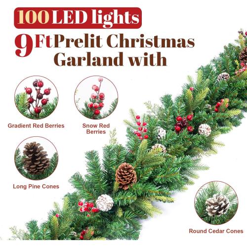 Pre-lit Christmas Garland 9FT with 100 Warm Lights, Battery Operated Xmas Garland with Pine Cedar Cones & Red Berries, Christmas Decoration for Mantle Fireplace Stair Railing Porch