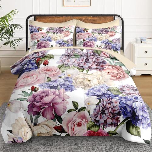7 Pcs King Size Comforter Set with 2 Pillowcases & 2 Shams, Floral Flower Peony Bedding for Kids and Adults, Botanical Painting Hydrangea Bed in a Bag with Flat Fitted Sheet