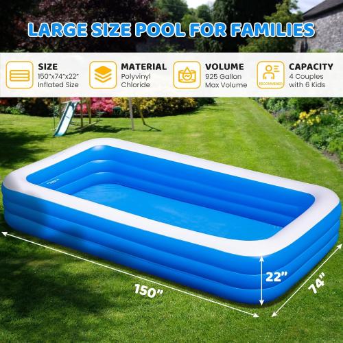 Large Inflatable Pool for Adults - 150 X 74 X 22 Oversized Blow Up Swimming Pool with Pump, Thickened Family Pools for Backyard Outdoor