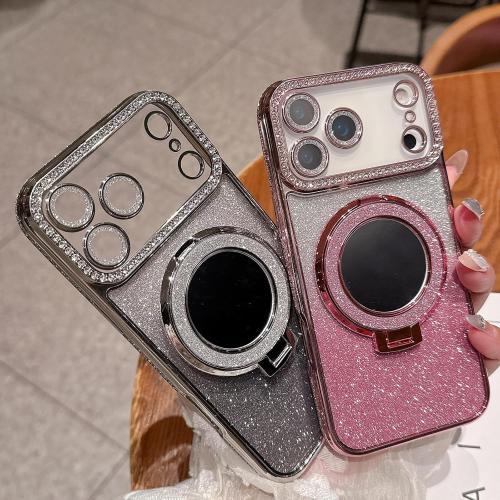 Changjia Magnetic Kickstand Glitter Case for iPhone 17 Pro,[Compatible with Magsafe] Cute Bling Sparkly Rhinestones with Camera Protector &Makeup Mirror Women Girls Case for iPhone 17 Pro 6.3, Silver