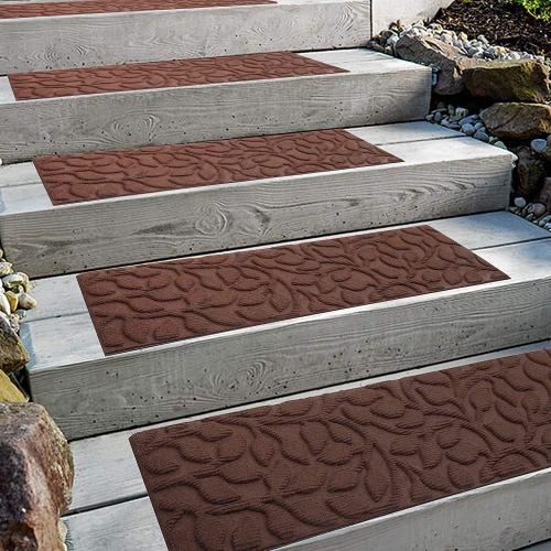 Aucuda Outdoor Stair Treads Non Slip for Elders and Dogs, 6pcs 8.5 x 30 Wooden Steps Runner Rug Heat Insulation Rubber, Brown Floral Staircase Mat Carpet for Indoor Grip Farmhouse.