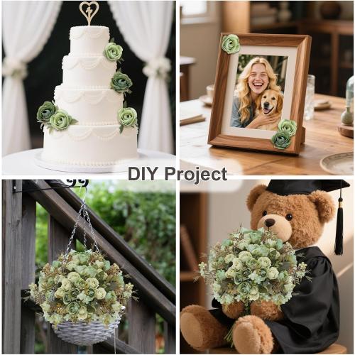 5 Stems 10 Heads Artificial Flowers Small Roses with Leaf Bouquet for Valentines Decoration Kitchen Wedding Office (2 Pack, Green)