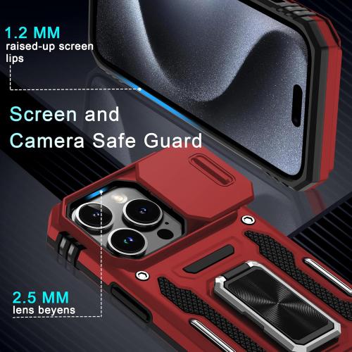 DEERLAMN Case for iPhone 15 Pro Max with Slide Camera Cover Screen Protector(1 Pack), Rotated Ring Kickstand Military Grade Shockproof Protective Cover 6.7 Inch-Red