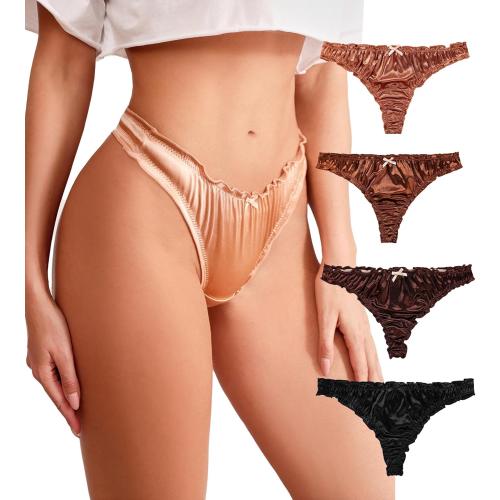 Size S ..Women's Satin Thongs Silk Feeling Bikini Briefs Underwear Ruched G-String Thong Panties Smooth Panties 4 Pack