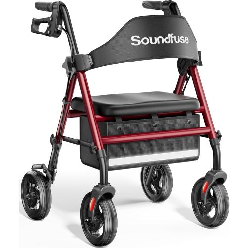 Color Red and Black  Soundfuse Rollator Walkers with Seat for Seniors, Foldable 8 Big Wheels All Terrain Rolling Walker, Handles and Ergonomic Seat Height Adjustable, 350lb Weight Capacity