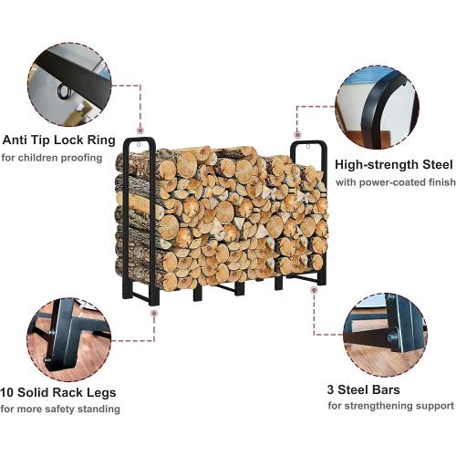 Firewood Rack Stand 6ft Heavy Duty Logs Carrier Holder for Outdoor Indoor Fireplace, Matte Black