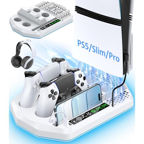 Cooling Station with Controller Charger for PS5/Slim/Pro, PlayStation 5 Vertical Stand for Disc & Digital Console, Dual PS 5 Controller Charging Station with 3 Level Cooling PlayStation 4 Chargers