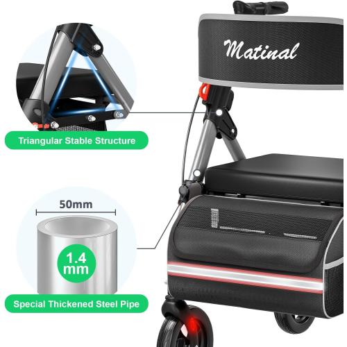 Walkers for Seniors, Rollator Walker with Seat, Walkers for Seniors with seat, 350 lb Capacity,with 8'' Big Wheels, Rolling Walker (Silver)