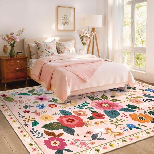 Floral Nursery 8x10 Area Rugs Washable Print Boho Cute Carpet Non Slip Flower Low Pile for Living Room Kids Girls Playroom Bedroom Kitchen Office Farmhouse-Pink