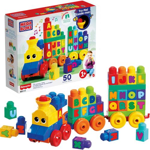 MEGA BLOKS First Builders Toddler Building Blocks Toy Set, ABC Musical Train with 50 Pieces, Music and Sounds, Ages 1  Years