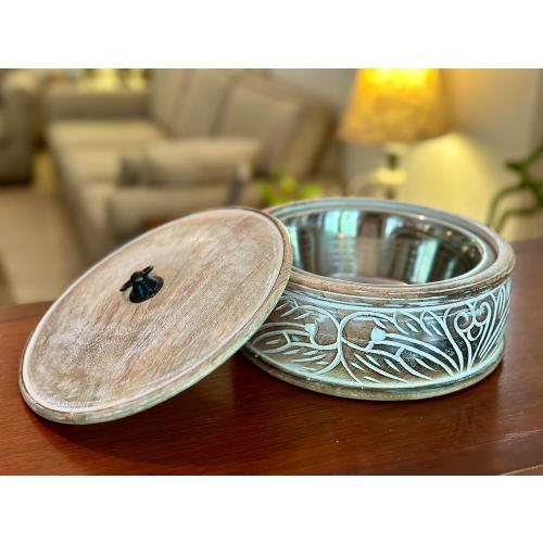 Handcrafted Wooden Mexican Tortilla Warmer Basket Indian Chapati Roti Bread Holder Box Pancake Keeper Serveware Hot Pot Casserole Dish With Lid Home Kitchen Dining Decor, Natural Brown, 9 x 3.5 Inches