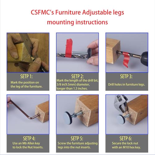 Furniture Leveler PTFE(Teflon) Bottom(28mm Base),Threaded Shank(1/4-20) Adjust Pads,Table/Chair/Cabinet/Sofa Medium Adjustable Legs Leveling,Nuts Installation and Floor Protection(8 Pack)