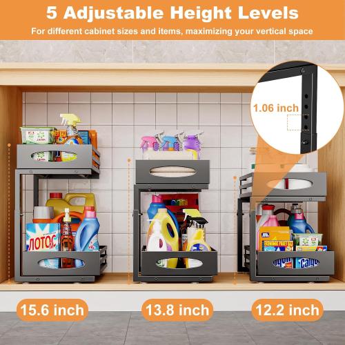 Under Sink Organizer, Pull Out Cabinet Organizers, Slide Sink Steel Shelf Cabinet Storage Shelves, Under Sink Storage for Kitchen Bathroom Cabinet (Black, 2 Pack)