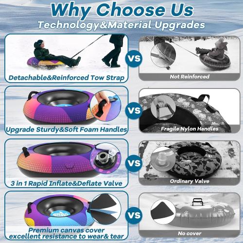 Snow Tube,48 Inch Big Heavy-Duty Inflatable Snow Sled with Premium Canvas Cover for Kids Adults,Thickened Hard Bottom Sleds for Snow with Detachable Tow Strap,Winter Outdoor Fun Snow Toys Gifts
