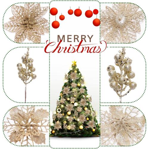 Zhuqing 22Pcs Christmas Poinsettia Artificial Flowers and Glitter Berries Stems Kit, 16Pcs Christmas Tree Flowers Ornaments and 6 Pack Christmas Tree Picks for Wedding Holiday Decorations (Champagne)