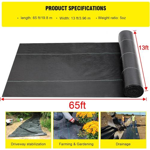 Doniks 13x65ft Driveway Fabric,5OZ Commercial Heavy Duty Weed Barrier Fabric, Garden Landscape Fabric,French Drain Fabric for Erosion Control,Landscape Fabric,Weed Barrier,Construction Projects