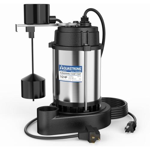 AQUASTRONG 1/2 HP Sump Pump Submersible, 3830 GPH Stainless Steel and Cast Iron Basement Water Pump, Automatic Integrated Vertical Float Switch with Piggy-back Plug,1-1/2 NPT Discharge Subpumps